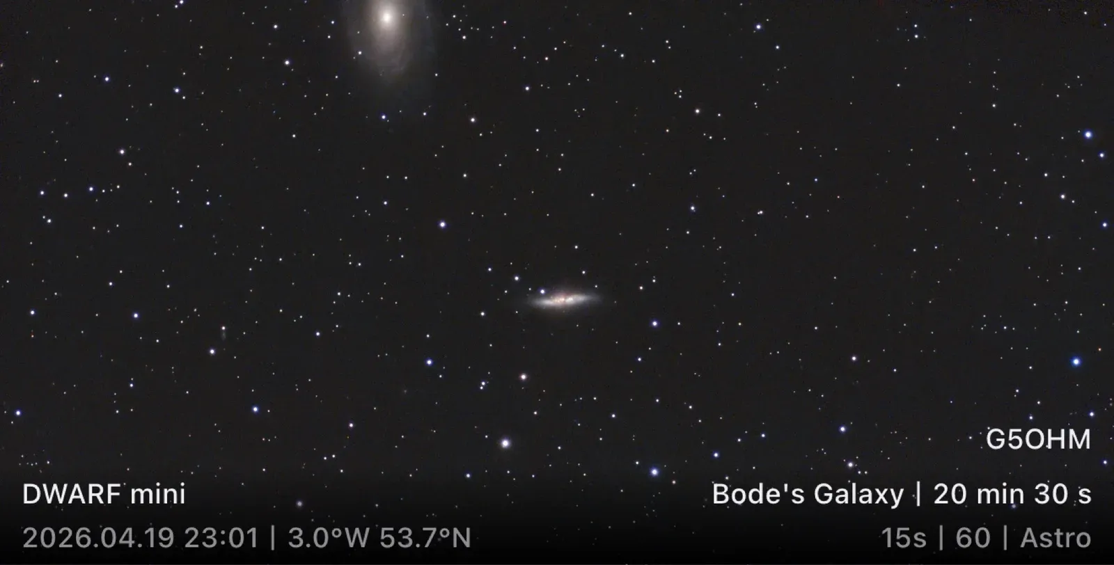 Bode's Galaxy (M81) and the Cigar Galaxy (M82) imaged with the DWARF mini, 20 minutes 30 seconds of stacked exposures, 19 April 2026