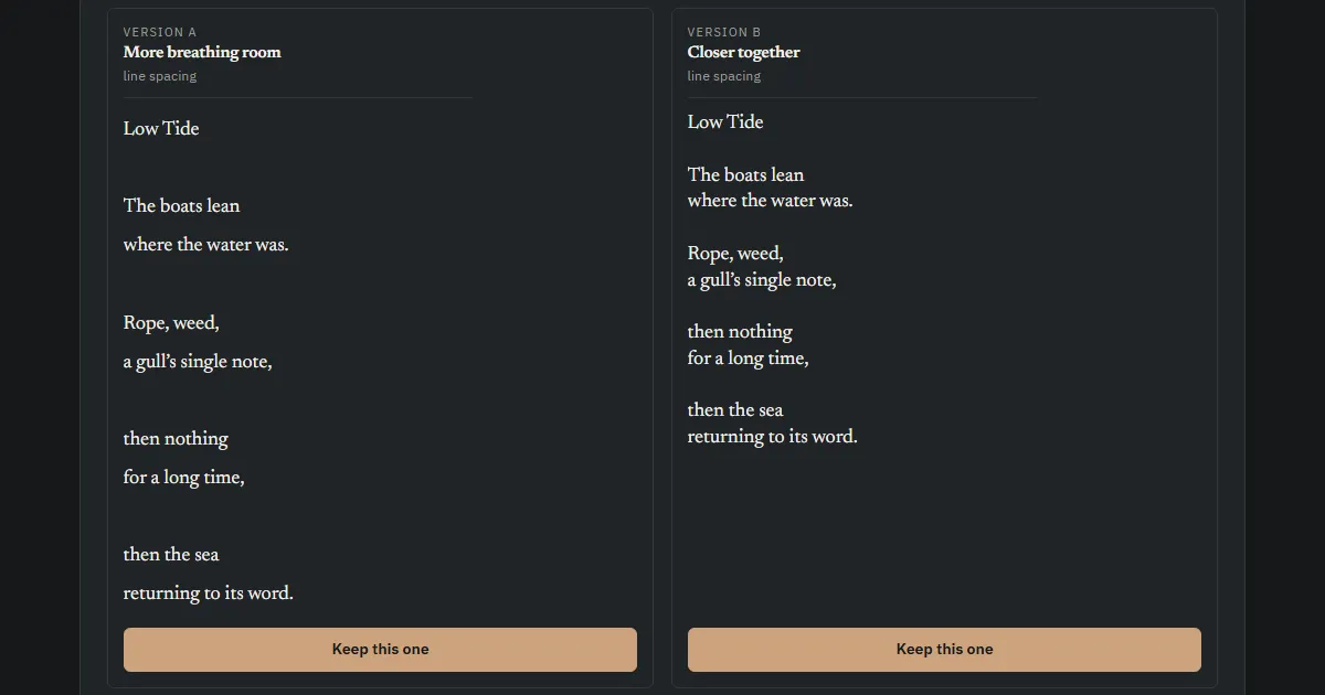 The Wordroom comparison panel, showing the same short poem set two ways side by side: on the left, version A under the heading More breathing room, its lines widely spaced; on the right, version B headed Closer together, the same words set tighter. Each card carries a Keep this one button.