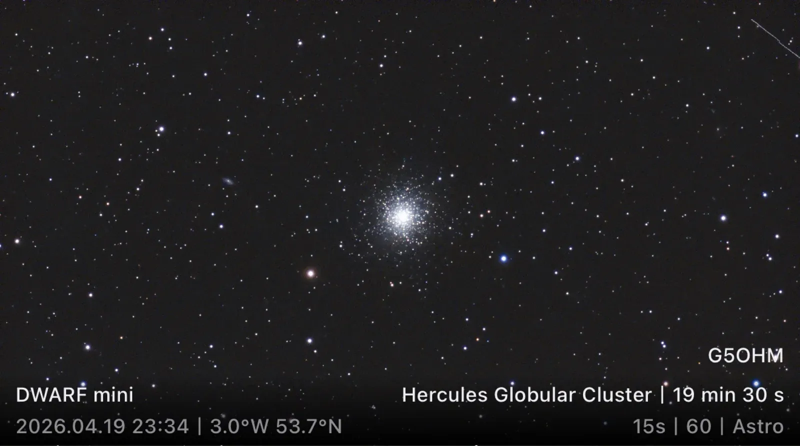 The Hercules Globular Cluster (M13) imaged with the DWARF mini, 19 minutes 30 seconds of stacked exposures, 19 April 2026