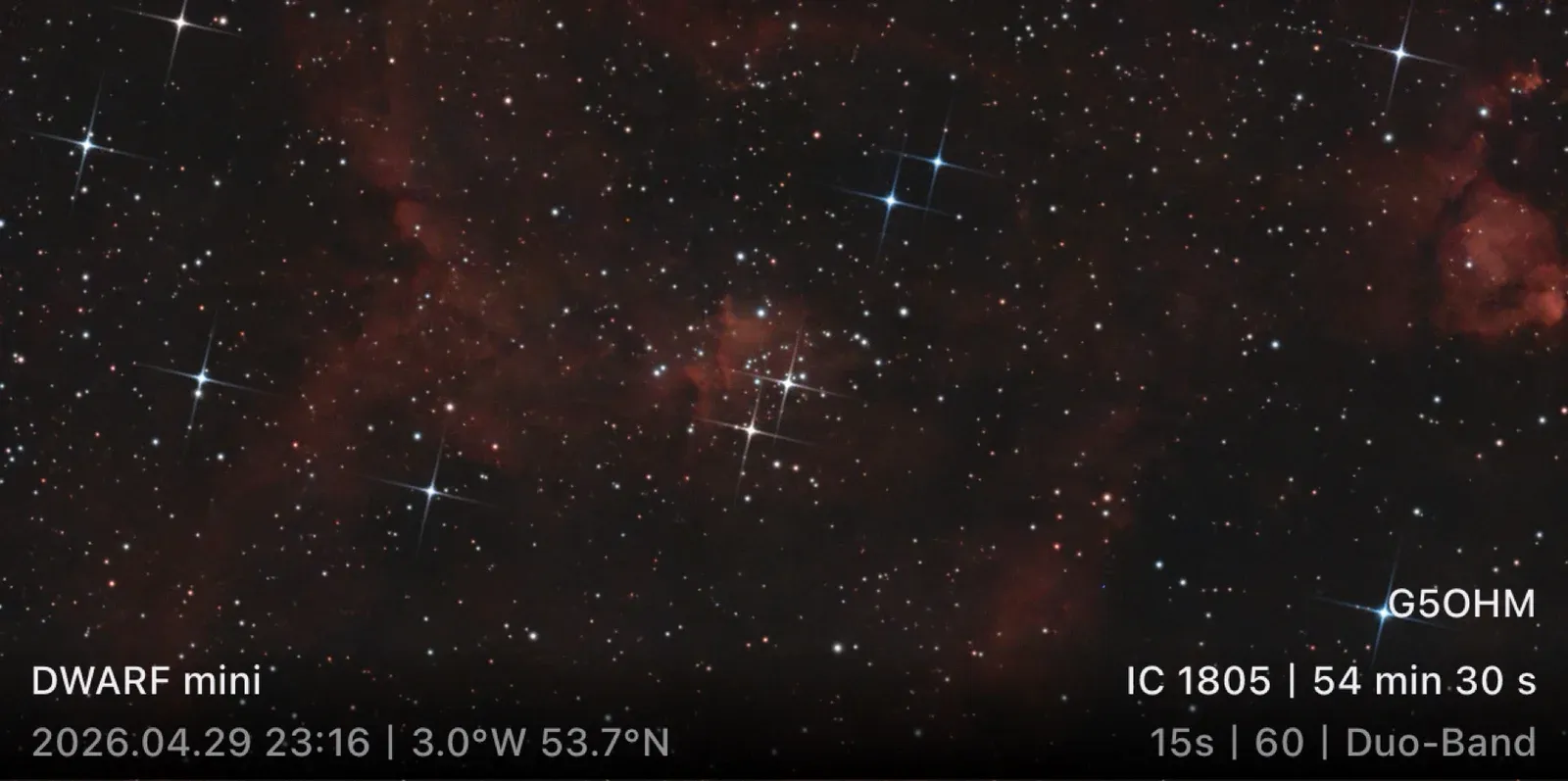 The Heart Nebula (IC 1805) imaged with the DWARF mini using a Duo-Band filter, 54 minutes 30 seconds of stacked exposures, 29 April 2026