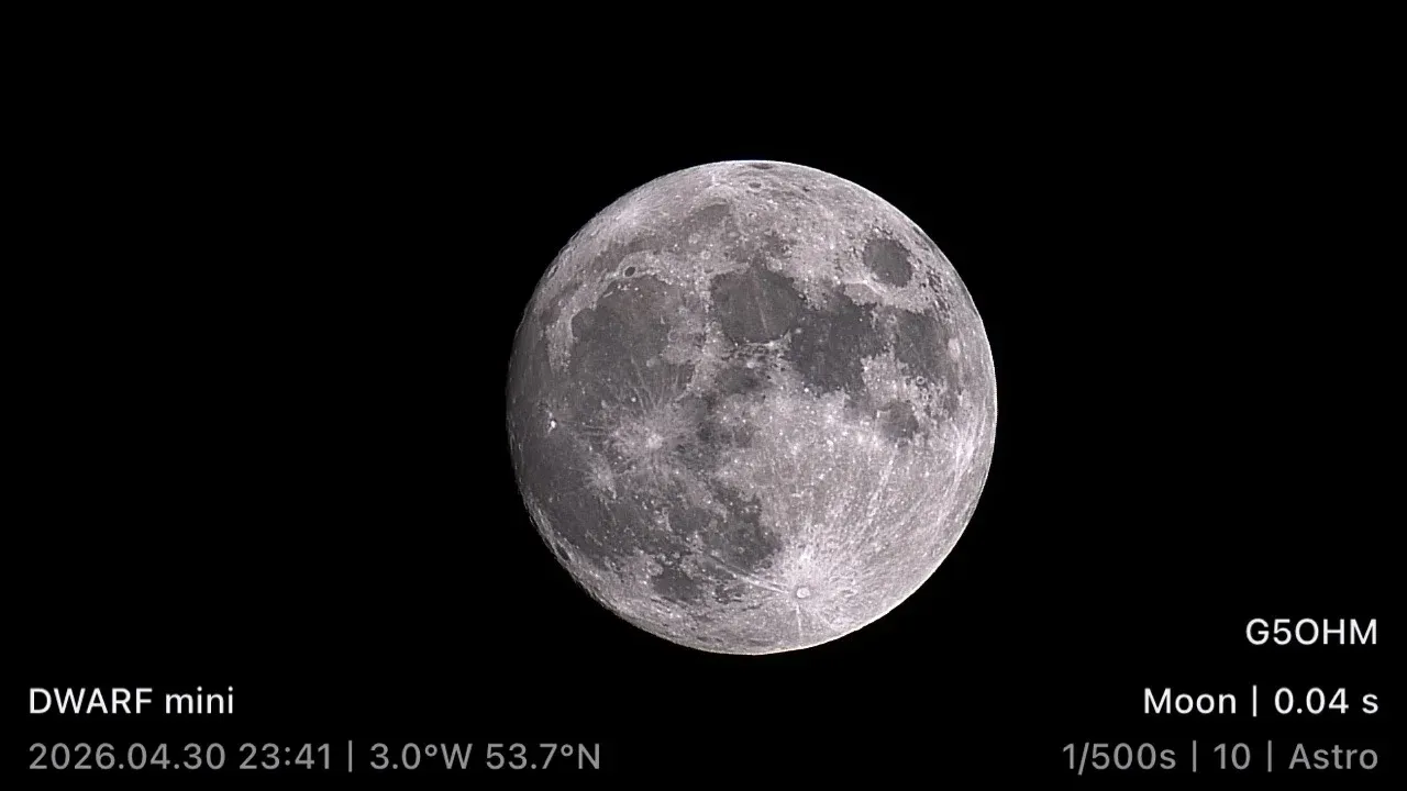 The Moon imaged with the DWARF mini, 0.04 seconds exposure, 30 April 2026
