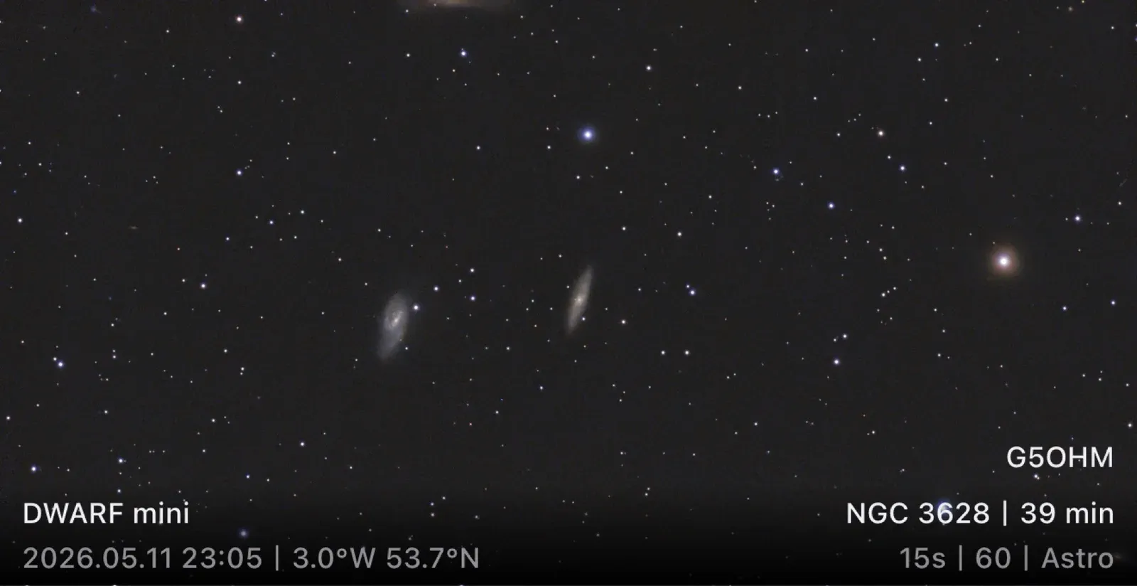NGC 3628 and two other members of the Leo Triplet imaged with the DWARF mini, 39 minutes of stacked exposures, 11 May 2026