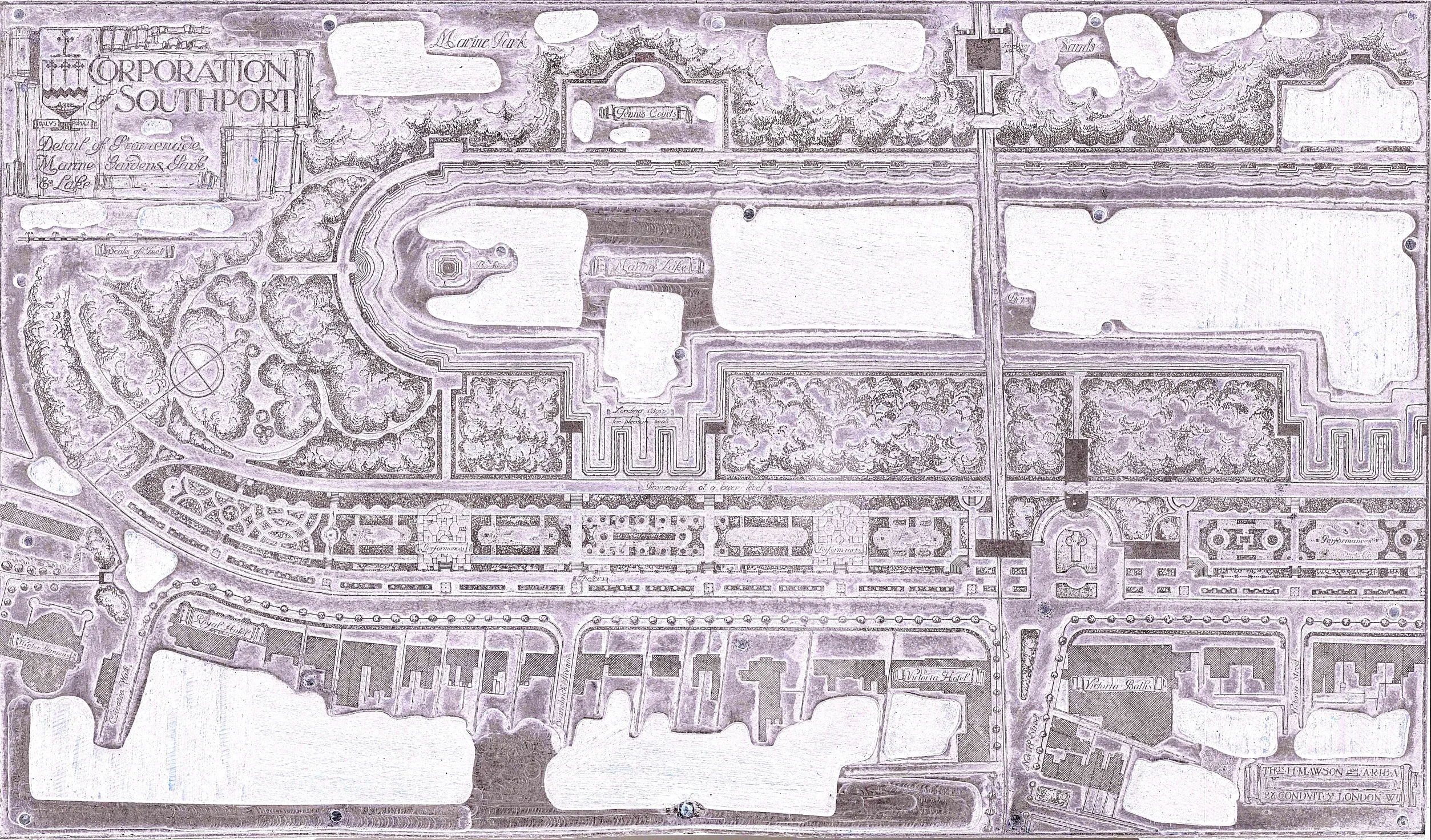 A finely engraved plan-view print of Southport Marine Lake, lettered Corporation of Southport, showing the promenade, gardens, paths and lakeside buildings of the period
