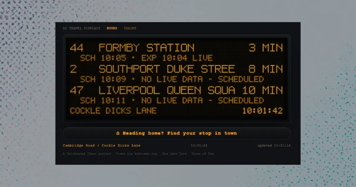 The Calibrated Ideas bus departure board for the Cambridge Road and Cockle Dicks Lane stop in Southport, in amber dot-matrix style, showing buses to Formby Station, Southport Duke Street and Liverpool Queen Square with a mix of live and scheduled times