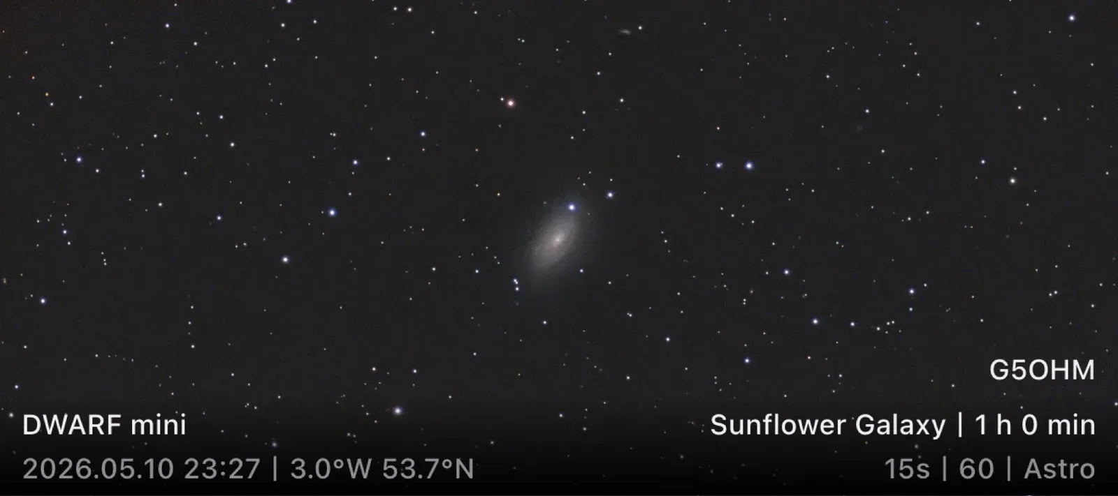 The Sunflower Galaxy (M63) imaged with the DWARF mini, 1 hour of stacked exposures, 10 May 2026