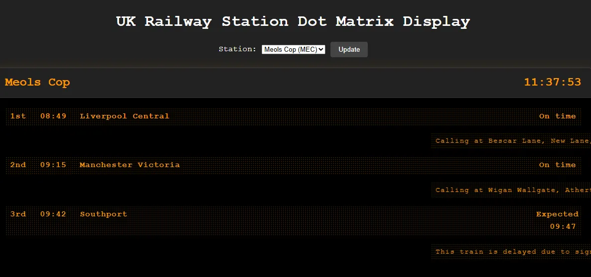 A dark, dot-matrix style railway departure board for Meols Cop showing trains to Liverpool Central, Manchester Victoria and Southport, with on-time and delayed statuses in amber text