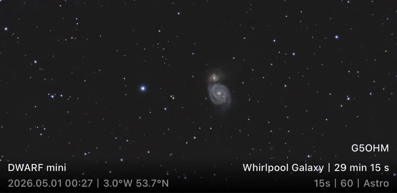 The Whirlpool Galaxy (M51) imaged with the DWARF mini from a suburban garden in northern England, 29 minutes of stacked exposures